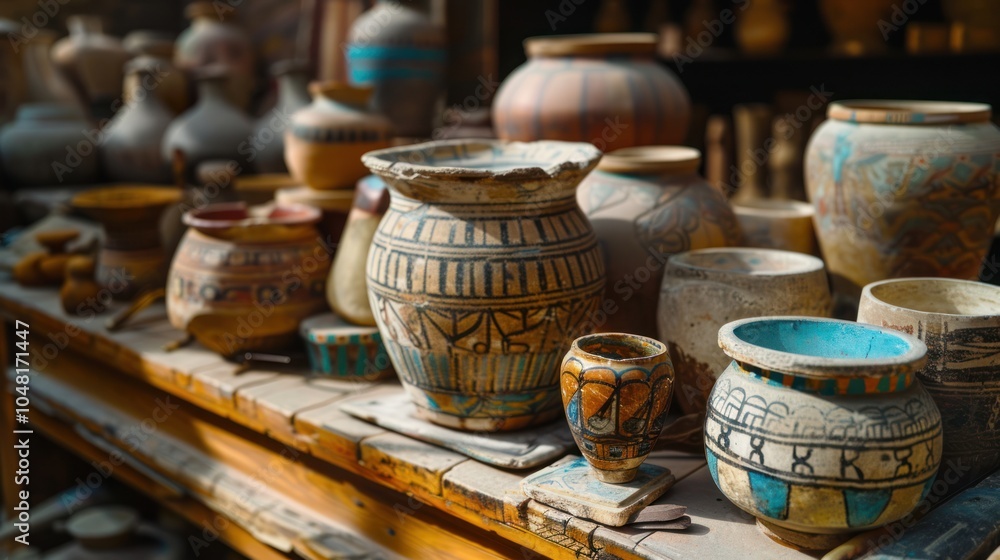 Ancient Egyptian Pottery Collection on Wooden Shelf Ancient Egyptian Pottery Collection on Wooden Shelf