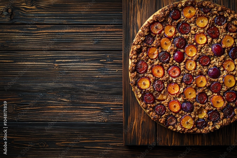 Delicious fruit tart with vibrant fruits on a wooden board, perfect for dessert lovers. Delicious fruit tart with vibrant fruits on a wooden board, perfect for dessert lovers.