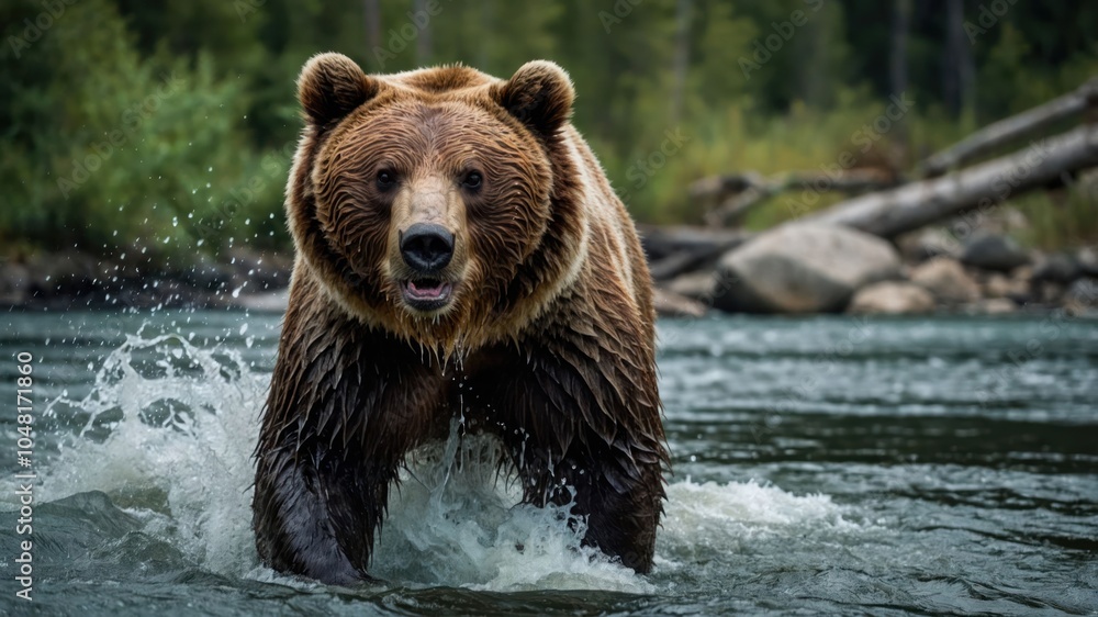 A grizzly bear wades through a river, creating splashes in a natural setting. A grizzly bear wades through a river, creating splashes in a natural setting.