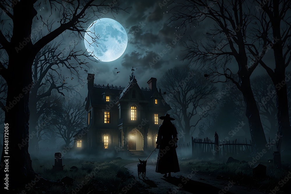 Fototapeta premium Mysterious Figure in Front of Spooky Mansion