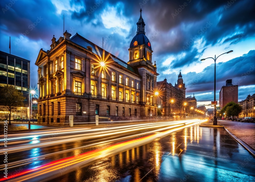 Obraz premium Captivating Low Light Photography of Municipal Buildings with Cars at Night for Urban Landscapes
