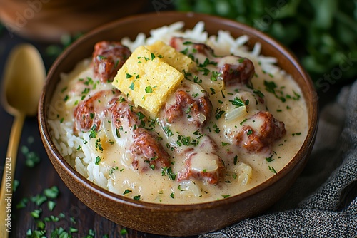 Delicious meatball dish served over rice, garnished with herbs and a slice of cheese on top, rustic presentation. photo