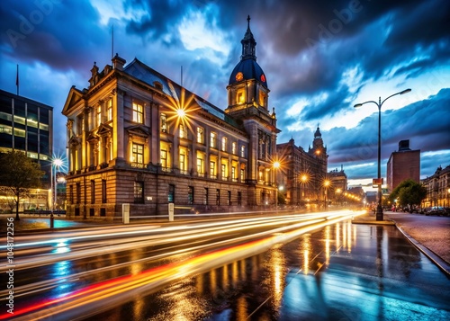 Captivating Low Light Photography of Municipal Buildings with Cars at Night for Urban Landscapes