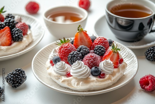 Delicious pavlova dessert topped with fresh berries and cream, served with tea in a cozy setting.