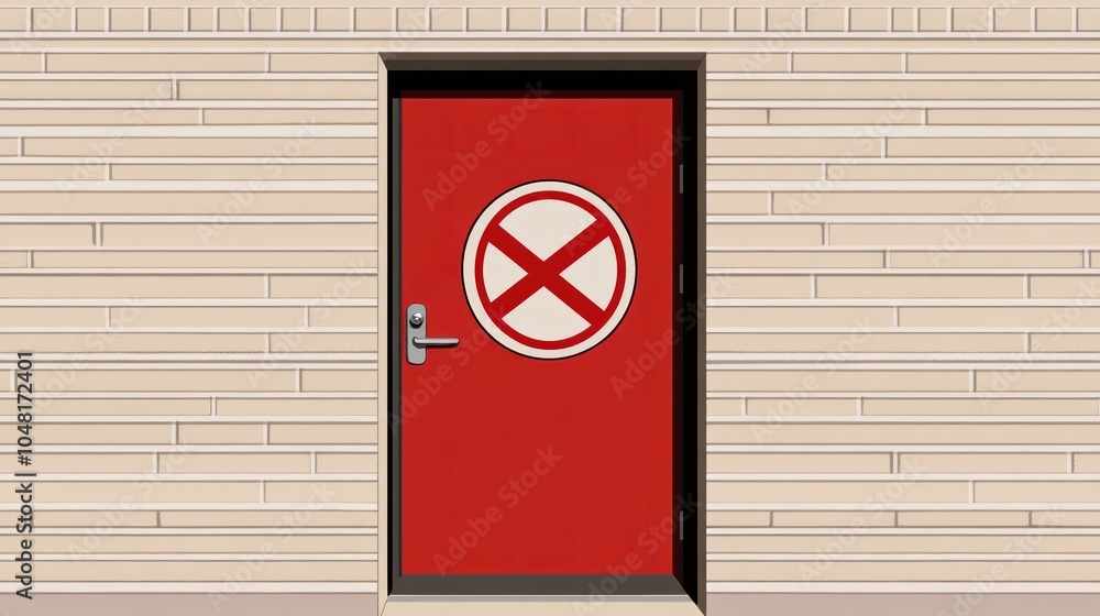 A red door with a circular symbol featuring a diagonal cross, set against a brick wall. A red door with a circular symbol featuring a diagonal cross, set against a brick wall.