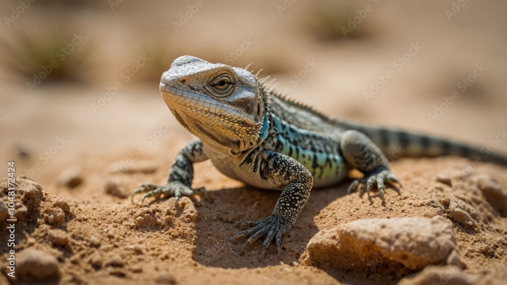 A close-up of a lizard resting on sandy terrain with a detailed texture. A close-up of a lizard resting on sandy terrain with a detailed texture.