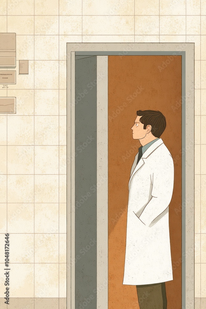 A man in a lab coat stands in an elevator, suggesting a medical or scientific context. A man in a lab coat stands in an elevator, suggesting a medical or scientific context.