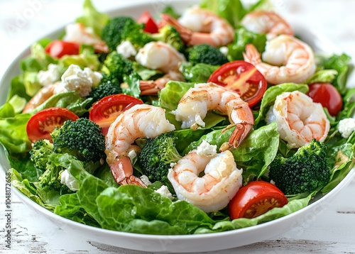 Delicious salad with shrimp, broccoli, cherry tomatoes, and fresh lettuce in a bowl. photo