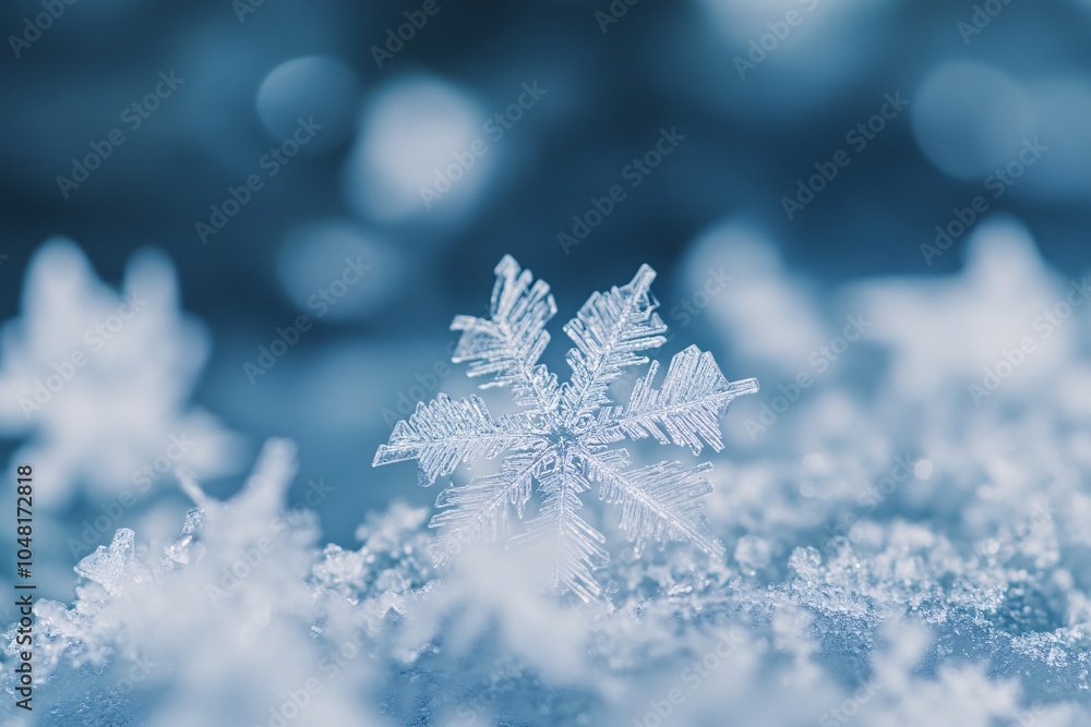 A close-up of a delicate snowflake resting on snowy ground, showcasing intricate patterns under a cool blue tone. A close-up of a delicate snowflake resting on snowy ground, showcasing intricate patterns under a cool blue tone.