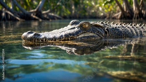 A crocodile partially submerged in clear water, surrounded by lush mangrove vegetation.