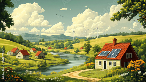 Houses on the grassland and wind turbines in the distance