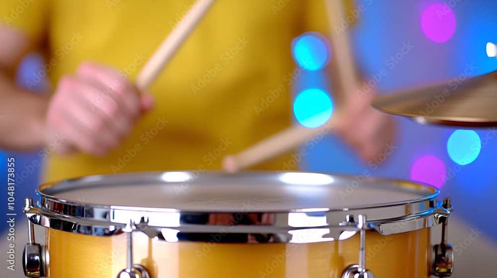 A drummer performs energetically on a snare drum surrounded by colorful lights during a lively music session in a studio A drummer performs energetically on a snare drum surrounded by colorful lights during a lively music session in a studio