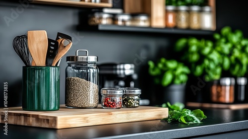 Kitchen Countertop with Spices Wooden Cutting Board and Herbs