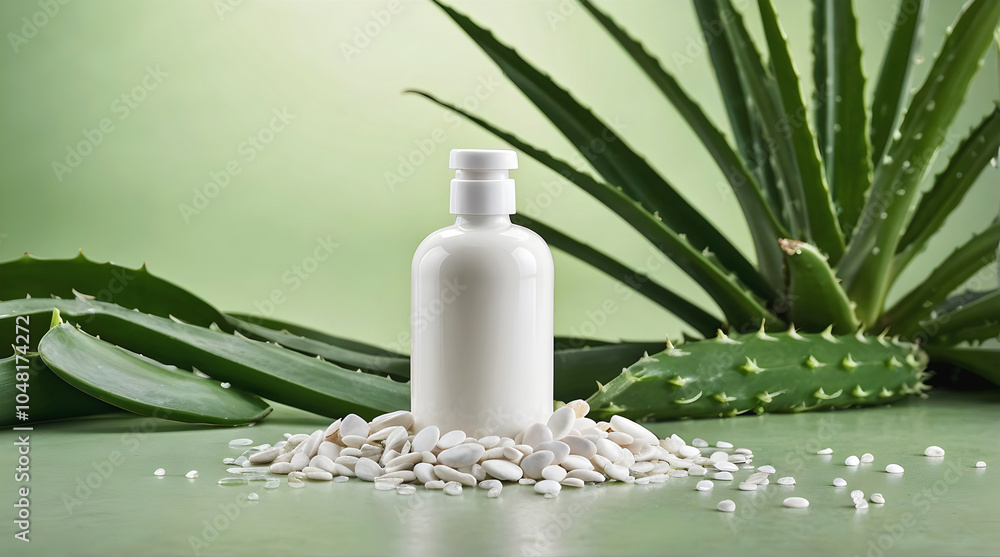 Blank white bottle with green aloe vera leaves and pebbles isolated on green background, organic product mock up, self care cosmetics, copy space area