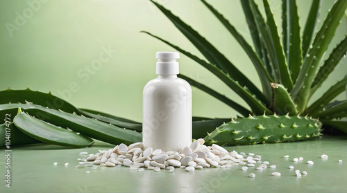 Obraz na płótnie Blank white bottle with green aloe vera leaves and pebbles isolated on green background, organic product mock up, self care cosmetics, copy space area w salonie