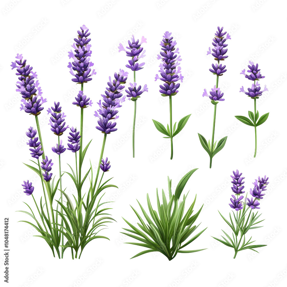 A flat style illustration of lavender, isolated on a white background, featuring vibrant purple hues and clean outlines. PNG A flat style illustration of lavender, isolated on a white background, featuring vibrant purple hues and clean outlines. PNG