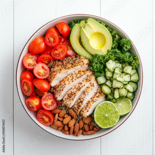 Healthy bowl with chicken, avocado, tomatoes, cucumber, almonds, and lime, on white background. photo