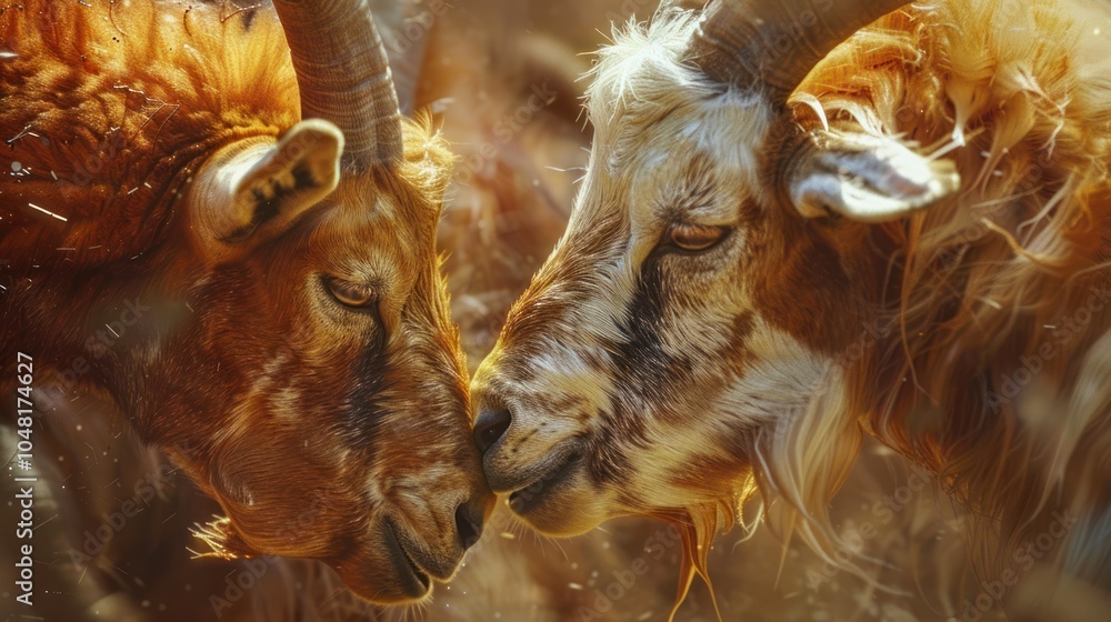 Two Goats Close-Up, Touching Noses, Sunlight, Golden Fur Two Goats Close-Up, Touching Noses, Sunlight, Golden Fur