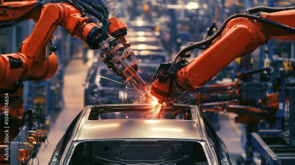 Industrial Robots Welding a Car Body in a Factory Industrial Robots Welding a Car Body in a Factory