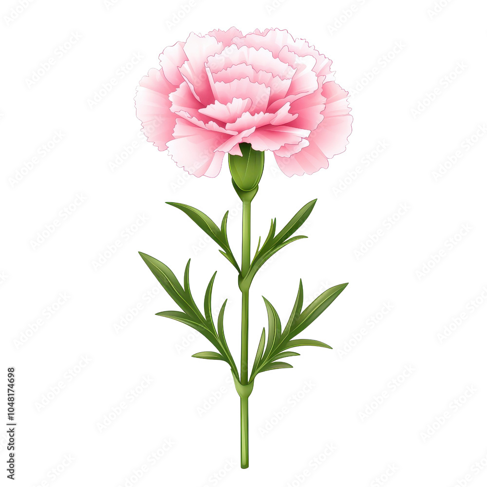 Fototapeta premium A flat style illustration of a carnation, isolated on a white background, featuring its lovely blooms and artistic details. PNG
