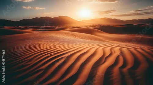 A majestic desert landscape at sunset, with golden light illuminating the sand dunes.