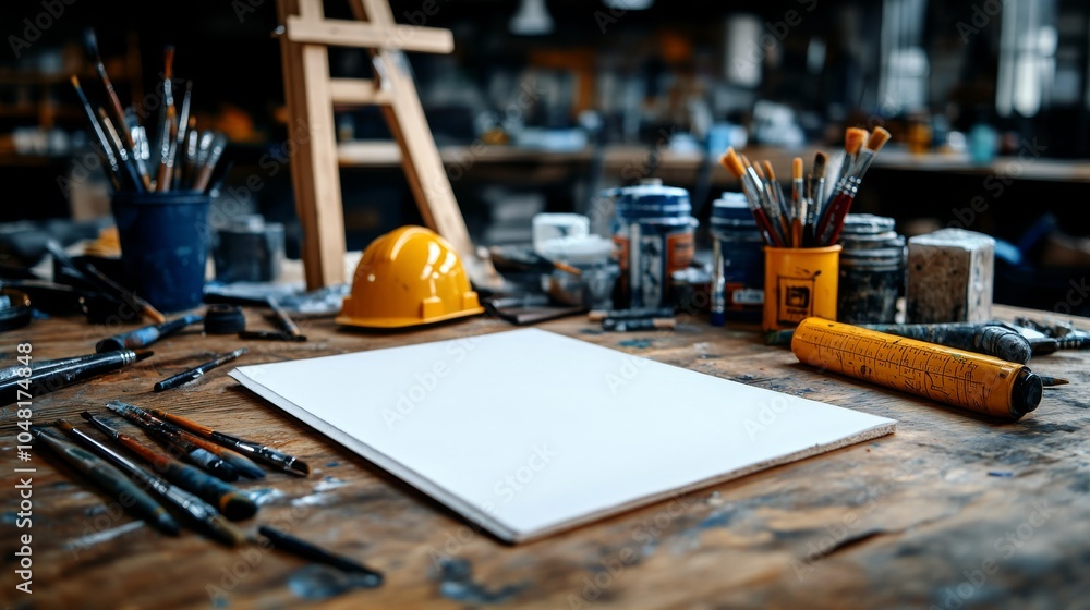 Fototapeta premium Blank Canvas with Paintbrushes and Hard Hat on Wooden Table