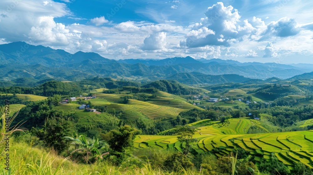 Obraz premium Mountainous Rice Terraces in Lush Valley