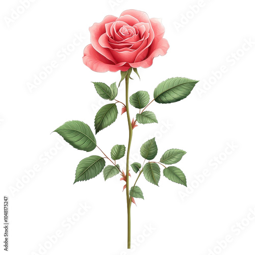 A flat style illustration of a red rose, isolate on white background, featuring bold outlines and bright colors. PNG