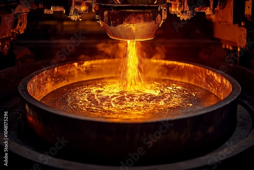 Molten metal pouring into a round mold, intense orange glow, industrial manufacturing process. photo