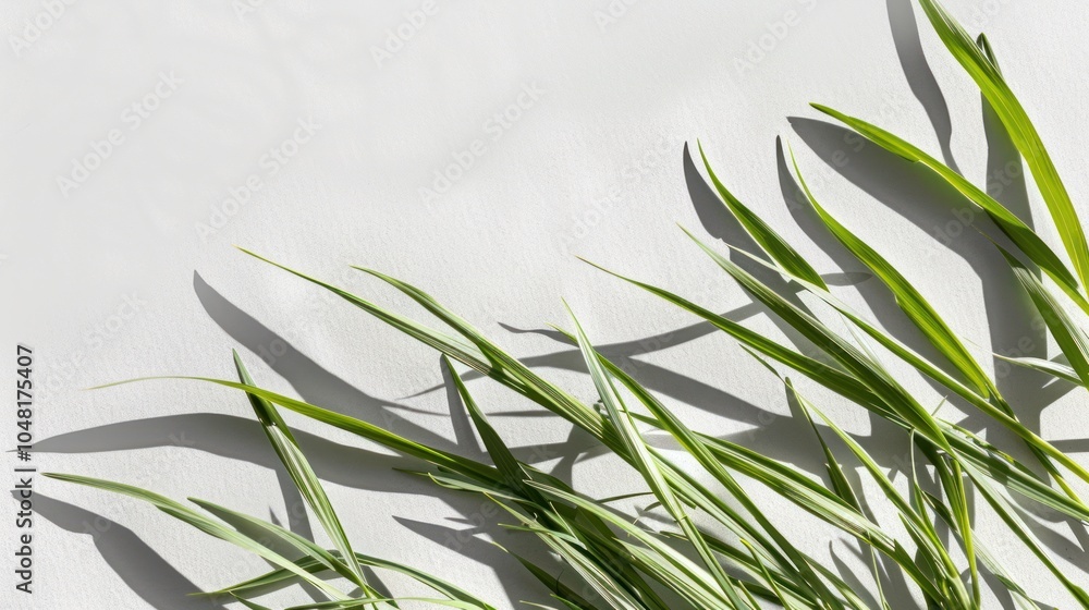 Fototapeta premium Green Grass Blades and Shadows on a White Surface