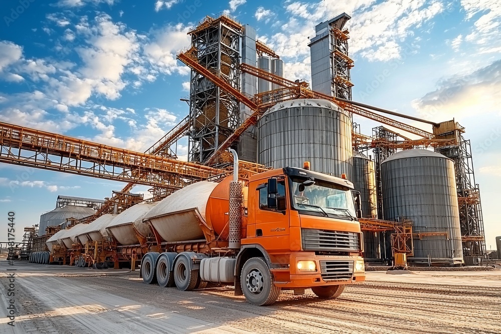 Orange concrete mixer truck at construction site with silos and blue sky background. Orange concrete mixer truck at construction site with silos and blue sky background.