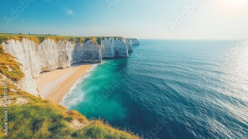 A panoramic view of a white cliff coastline with a sandy beach and turquoise waters under a clear blue sky.