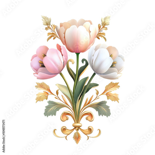 An Art Nouveau style tulip, isolate on white background, characterized by graceful lines and intricate details. PNG photo