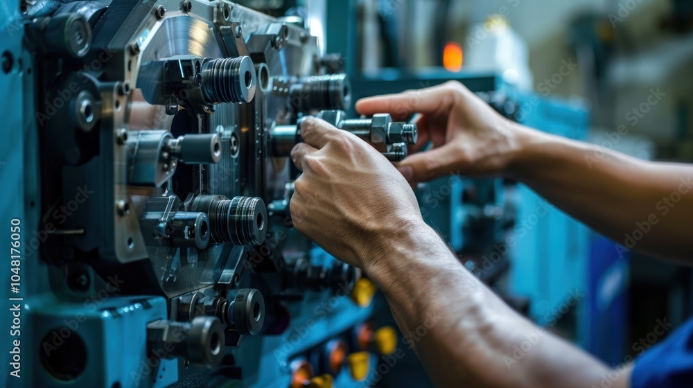 Fototapeta premium A Hand Operating a Complex Industrial Machine with a Blue Frame