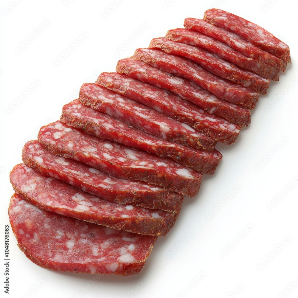 Sliced salami on a white isolated background showcasing its rich color and texture. Sliced salami on a white isolated background showcasing its rich color and texture.