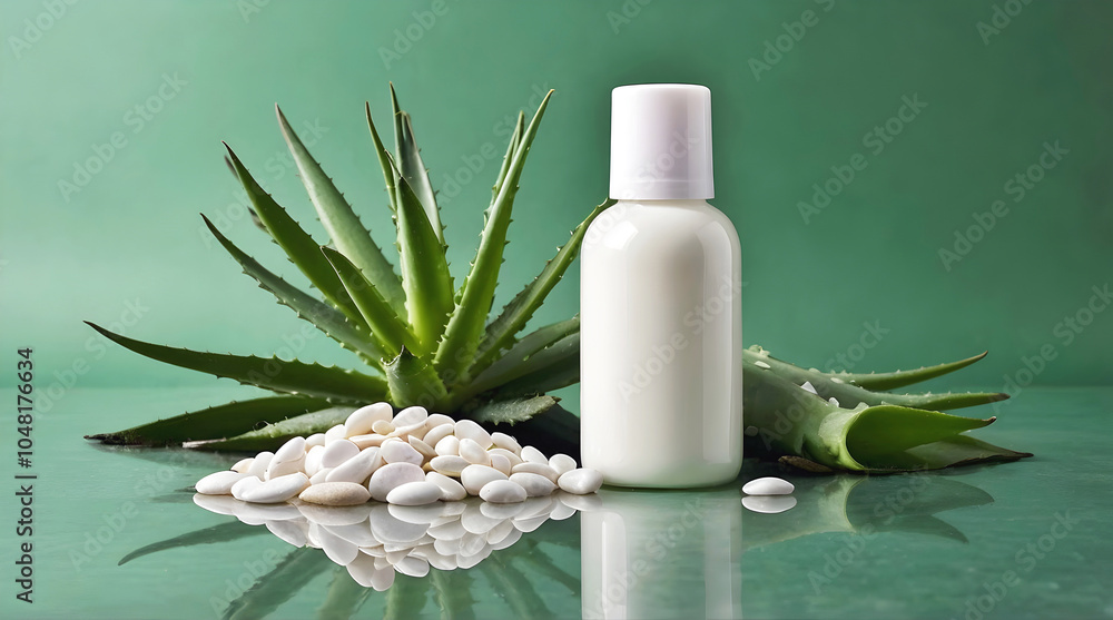 Blank white bottle with green aloe vera leaves and pebbles isolated on green background, organic product mock up, self care cosmetics, copy space area