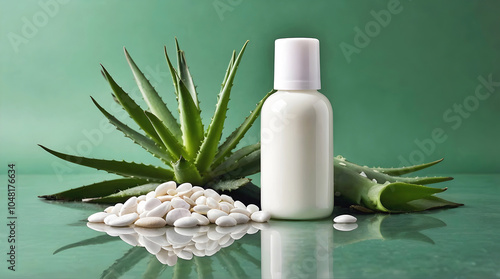 Obraz na płótnie Blank white bottle with green aloe vera leaves and pebbles isolated on green background, organic product mock up, self care cosmetics, copy space area w salonie