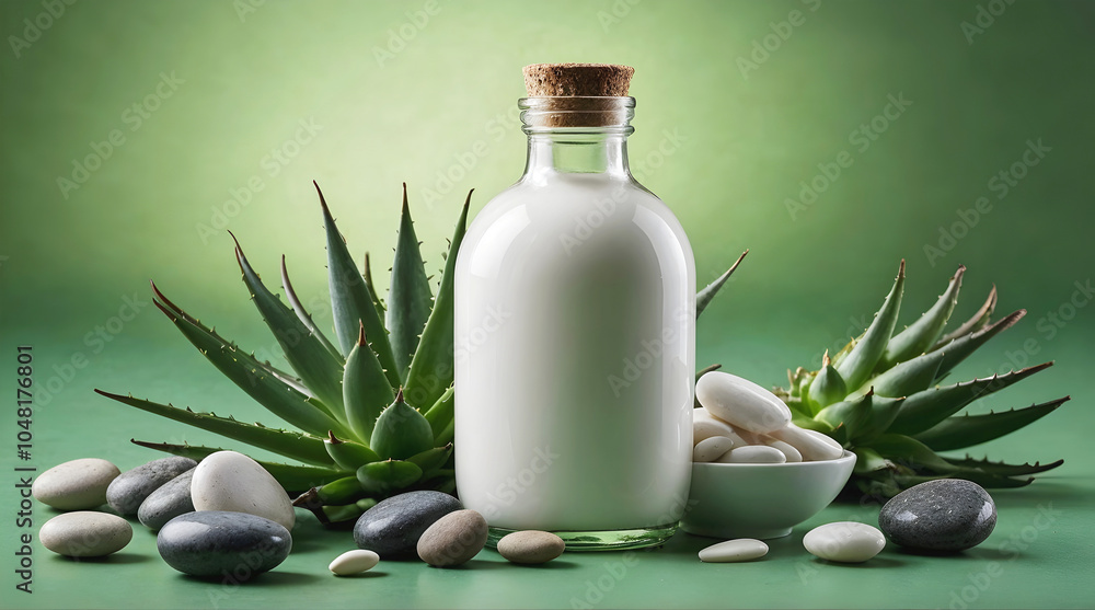 Blank white bottle with green aloe vera leaves and pebbles isolated on green background, organic product mock up, self care cosmetics, copy space area