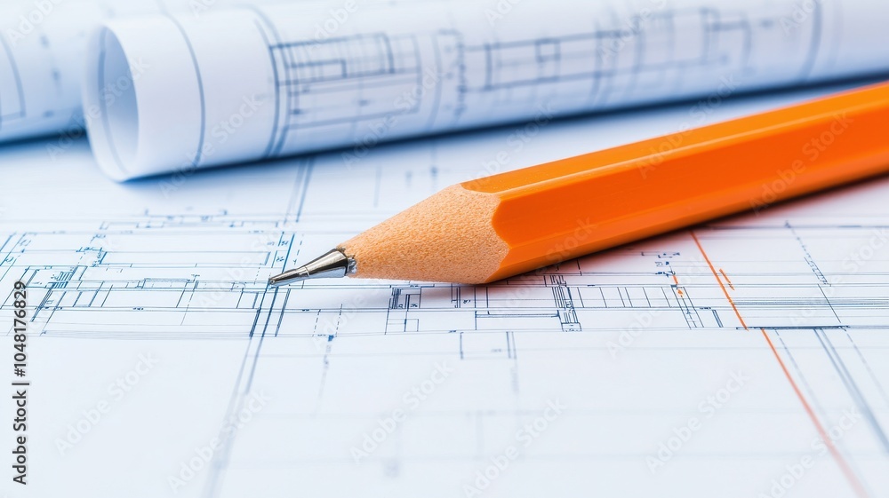 A close-up of a sharpened orange pencil resting on architectural blueprints, showcasing precise lines and design elements. A close-up of a sharpened orange pencil resting on architectural blueprints, showcasing precise lines and design elements.