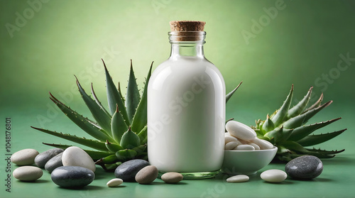 Obraz na płótnie Blank white bottle with green aloe vera leaves and pebbles isolated on green background, organic product mock up, self care cosmetics, copy space area w salonie