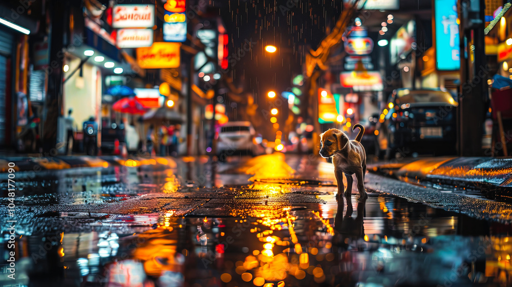 Stray dog on road and reflection colorful night light after rain with store signs and billboard lights and bokeh of lights Stray dog on road and reflection colorful night light after rain with store signs and billboard lights and bokeh of lights