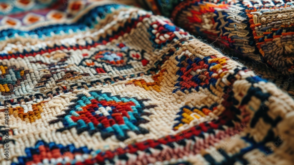 Close-up of a Colorful, Woven Rug with Geometric Patterns Close-up of a Colorful, Woven Rug with Geometric Patterns