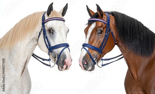 Two horses with bridles, facing each other, on a white isolated background. photo