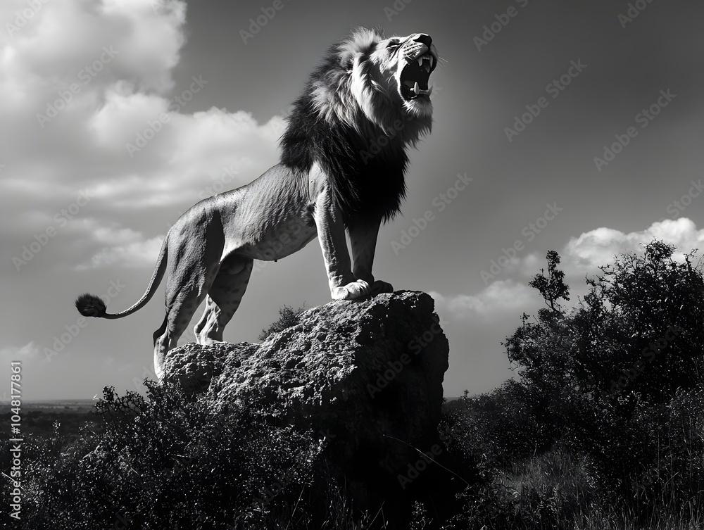 Obraz premium Majestic Lion Roaring Atop a Towering Rock in the Serene Savannah Landscape