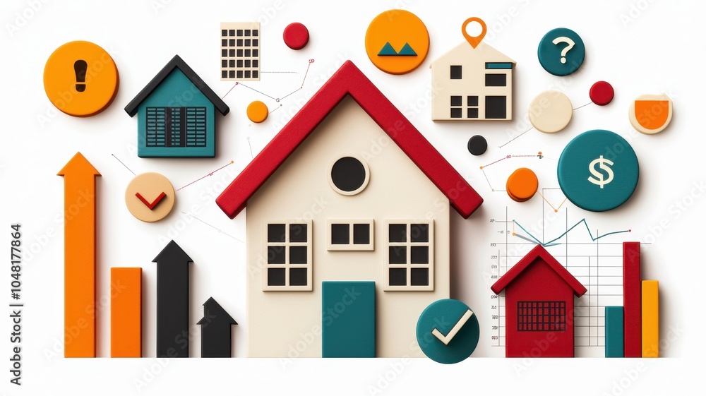 Fototapeta premium A colorful illustration of houses and icons representing real estate, finance, and analytics, showcasing elements like charts and symbols related to property.