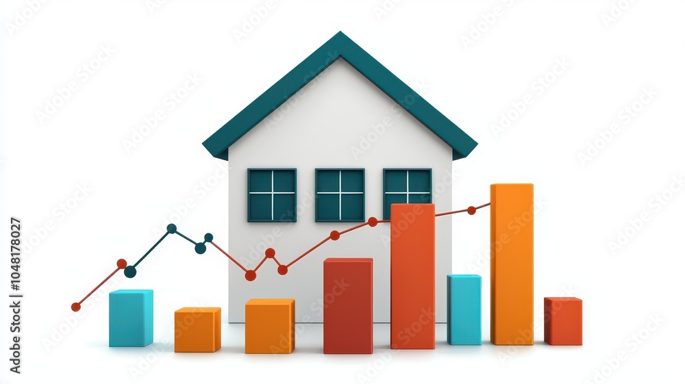 A 3D house icon with a rising bar graph and line chart represents growth in real estate trends and market analytics. A 3D house icon with a rising bar graph and line chart represents growth in real estate trends and market analytics.