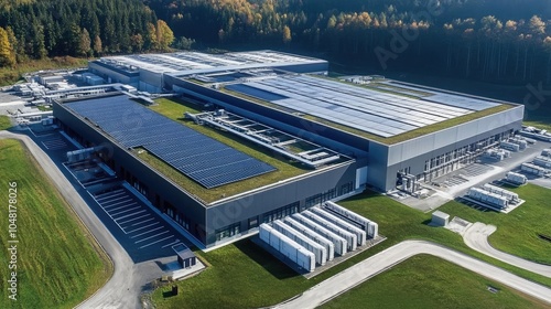 Aerial View of Solar Panel Facility and Data Center