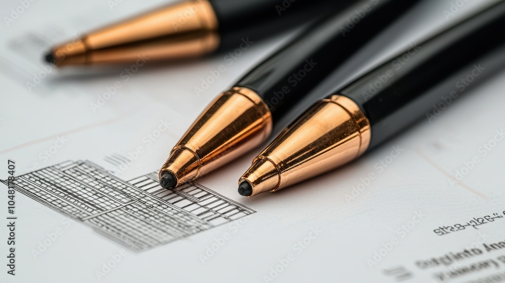 Three elegant pens with gold accents resting on a document, emphasizing professionalism and corporate style. Three elegant pens with gold accents resting on a document, emphasizing professionalism and corporate style.