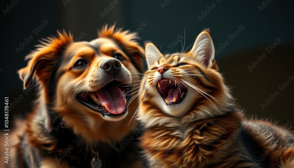 Fototapeta premium Joyful companionship between dog and cat