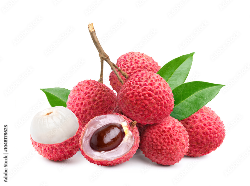 Juicy Lychee with cut in half isolated on white background. Clipping path. Juicy Lychee with cut in half isolated on white background. Clipping path.